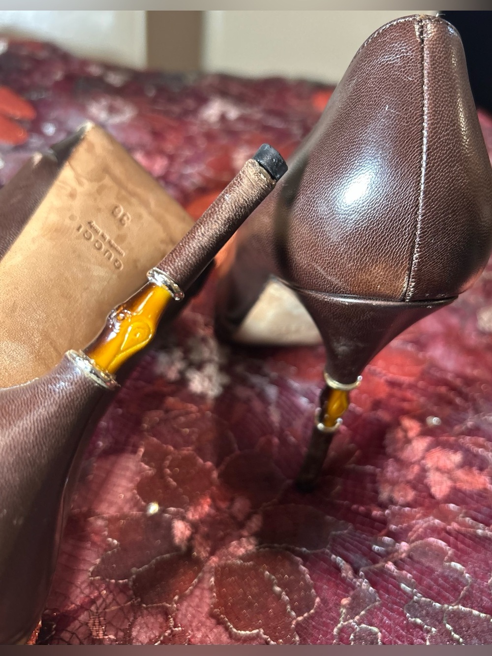 Gucci Brown Vintage Leather High Heel Platform Pumps w Bamboo Detail Heels: 36/6